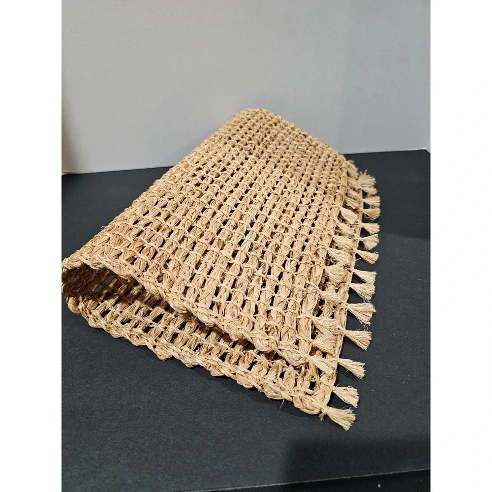 Woven Jute Placemat Accent Rug Tan Excellent Tassel Fringe Boho